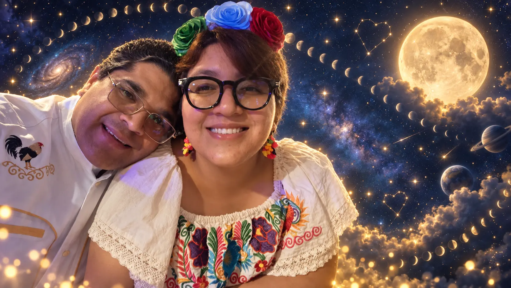Alfonso y Fátima sonríen juntos bajo un cielo de estrellas, lunas y planetas